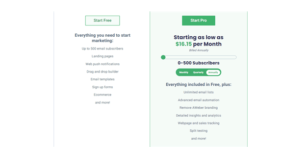 Aweber Prcing plans with start free and start pro prices