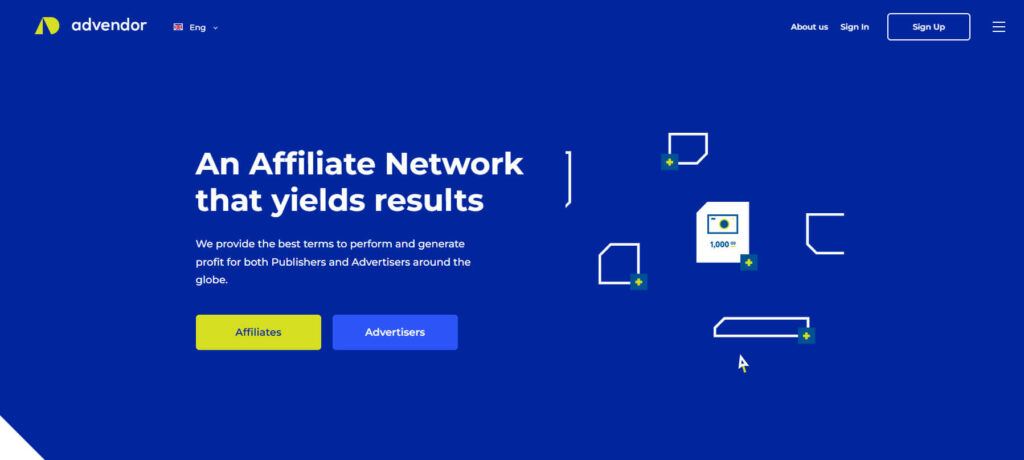 Advendor website homepage stating an affiliate network that yields results.