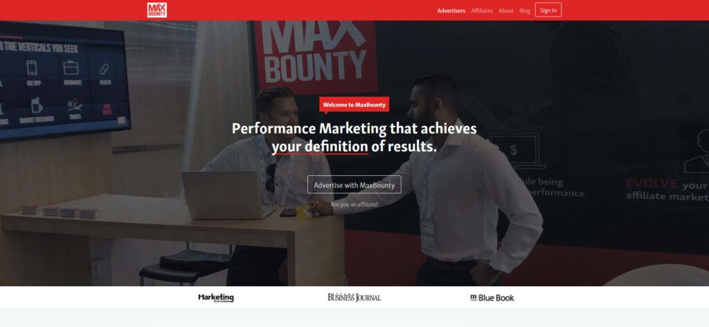 MaxBounty website homepage stating hat performance marketing achieves your definition of results.