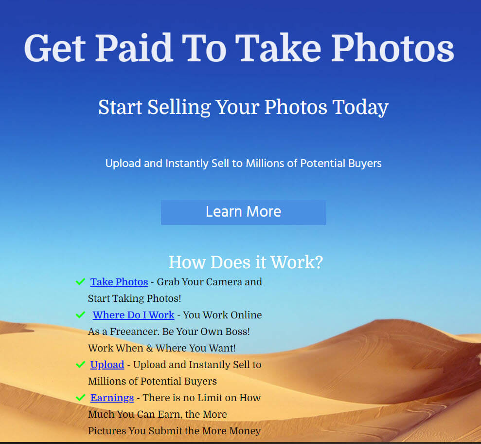 Get paid to take photos advert with dessert sand dunes in the background - Great Freelancing ideas.