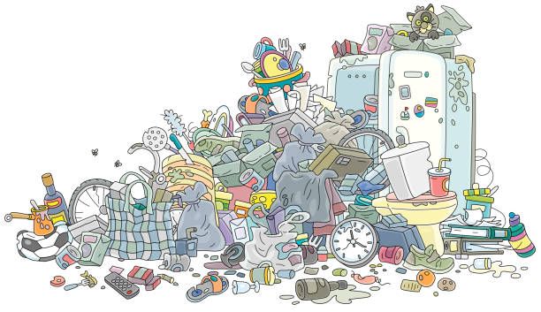 Messy pile of household rubbish and leftovers, vector cartoon illustration isolated on a white background
