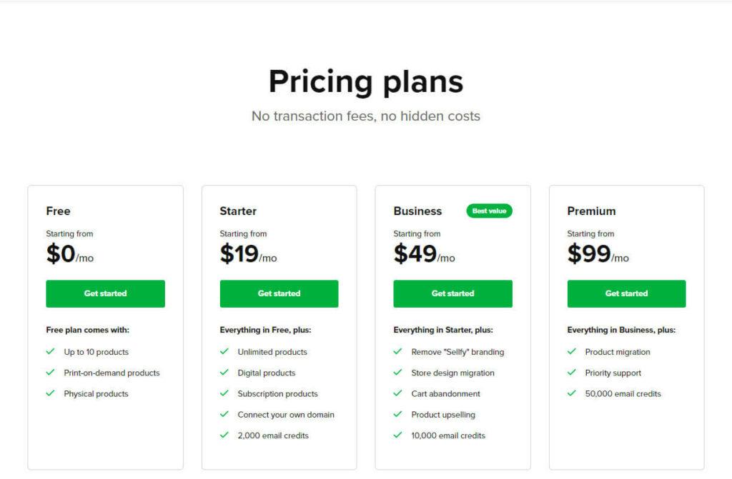 Sellfy Pricing plans