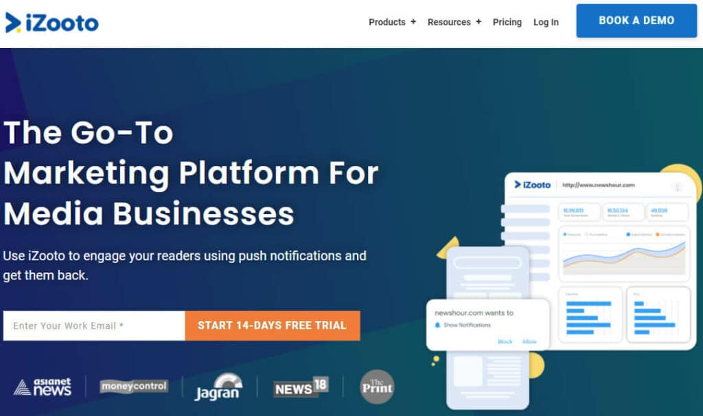 iZooto dashboard used as the go to marketing platform for media business. Advertising a 14 day free trial.