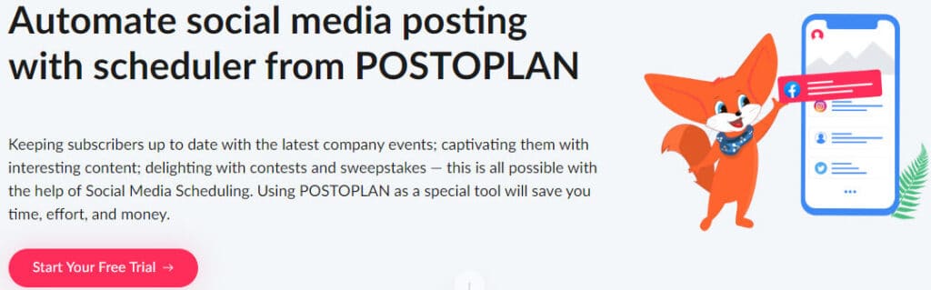 Automate social media posting with the scheduler from postoplan advert with an orange cat  with big ears cartoon caricature showing a cartoon mobile phone