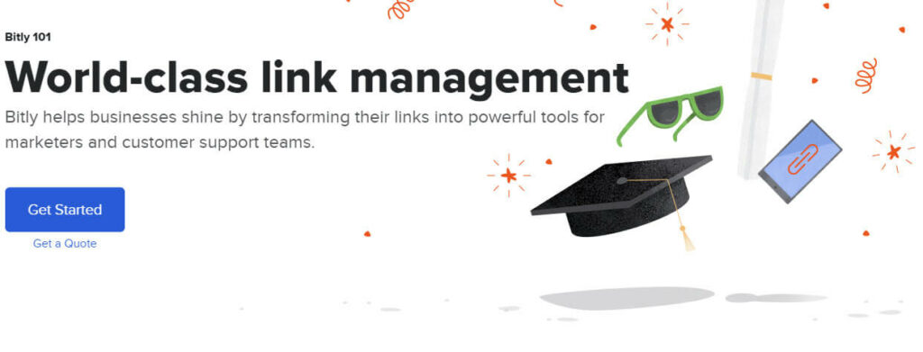 Bitly URL Shortener get started page with animated graduation at, green sunglasses and a blue get started button
