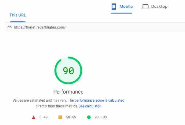 Google In The News performance screenshot showing page speed of 90 in green.