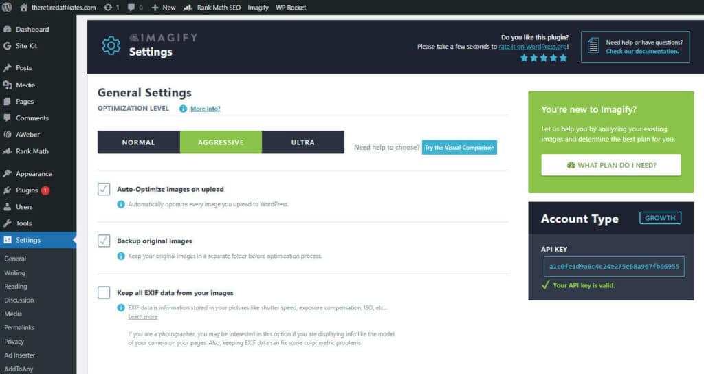 Imagify Settings dashboard showing general settings set to aggresive for image optimization