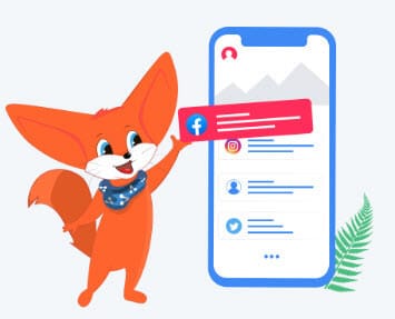Postoplan orange cat  with big ears cartoon caricature showing a cartoon mobile phone with facebook logo on red banner