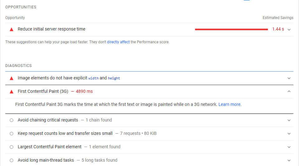 Google page speed insights diagnostics opportunities page showing data to improve server response time for a website.