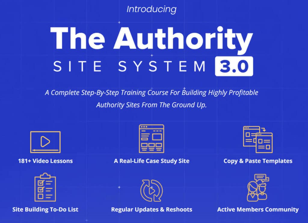 Introducing the authority site system 3.0 written in white on a dark blue background showing the courses available.
