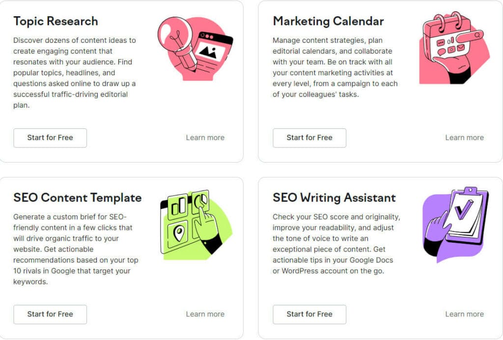 SEMrush topic reasearch, marketing calendar, SEO content and writing explanations