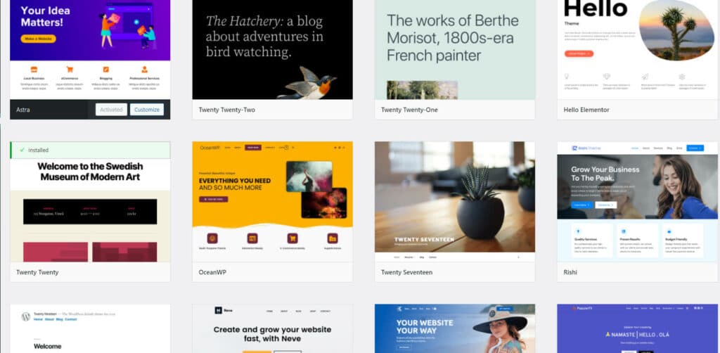wordpress themes from the template gallery in wordpress.