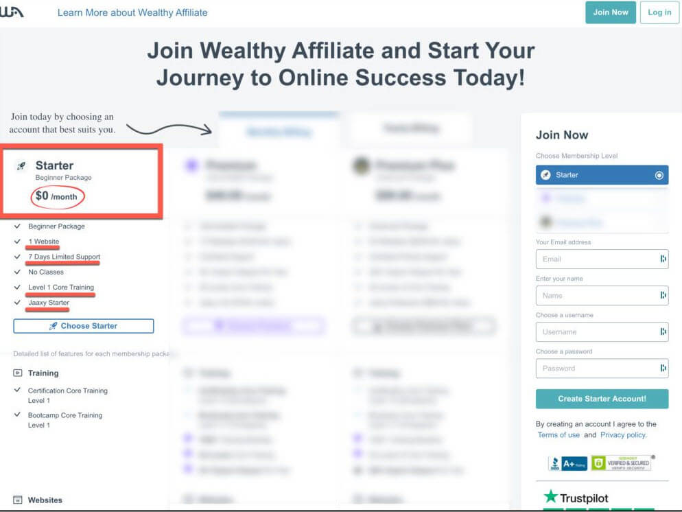 Join wealthy affiliate starter member page