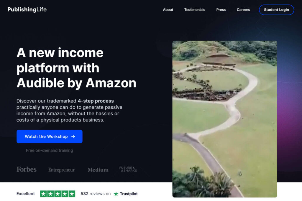 AudioBook Income Academy Website Homepage showing a photo of an aerial view of some green fields and lush jungle 