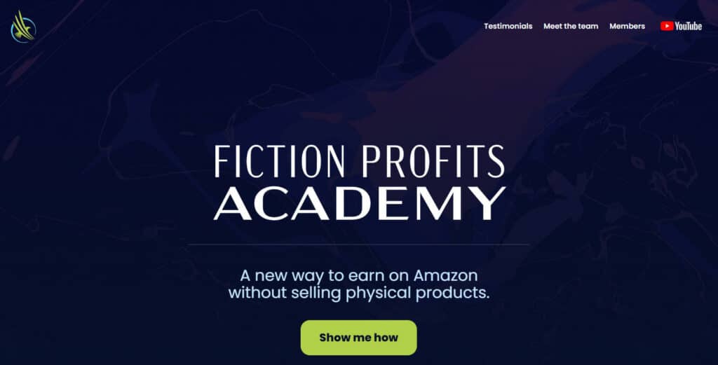 Fiction Profits Academy website homepage with dark blue background and bold white writing.
