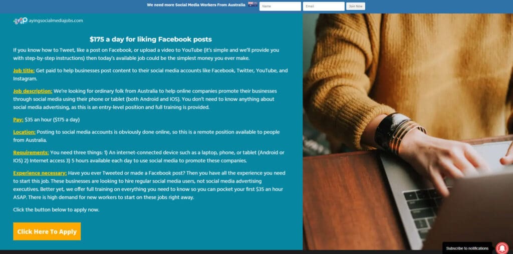 Paid Social Media Jobs website homepage with a close up of a womans hand typing on a laptop.