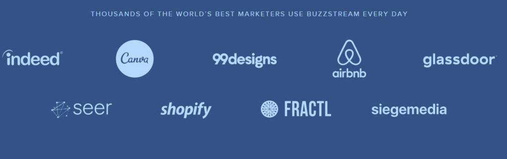 BuzzStream website page in blue showing different marketing brands that use their service