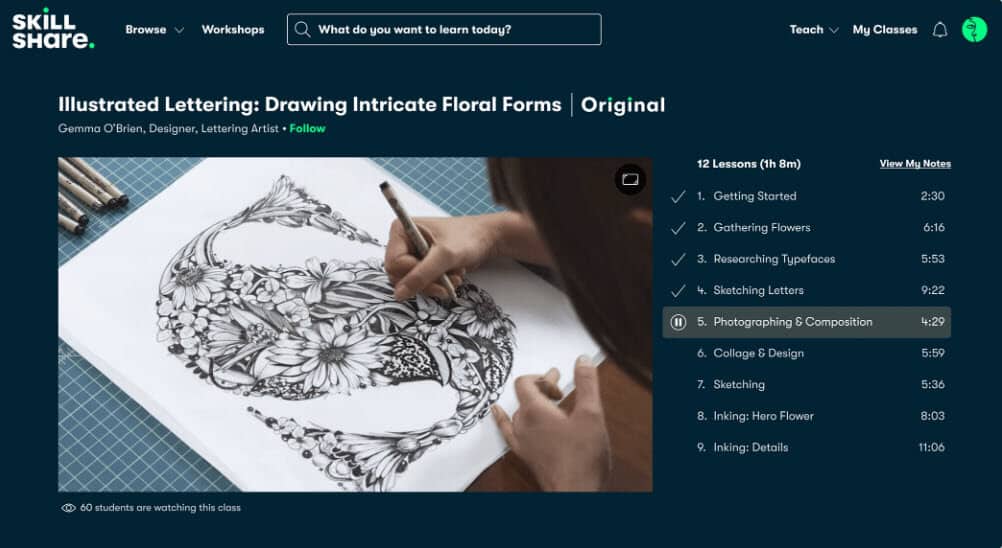 Skillshare Affiliate homepage with a person drawing a black and white flower arrangement.