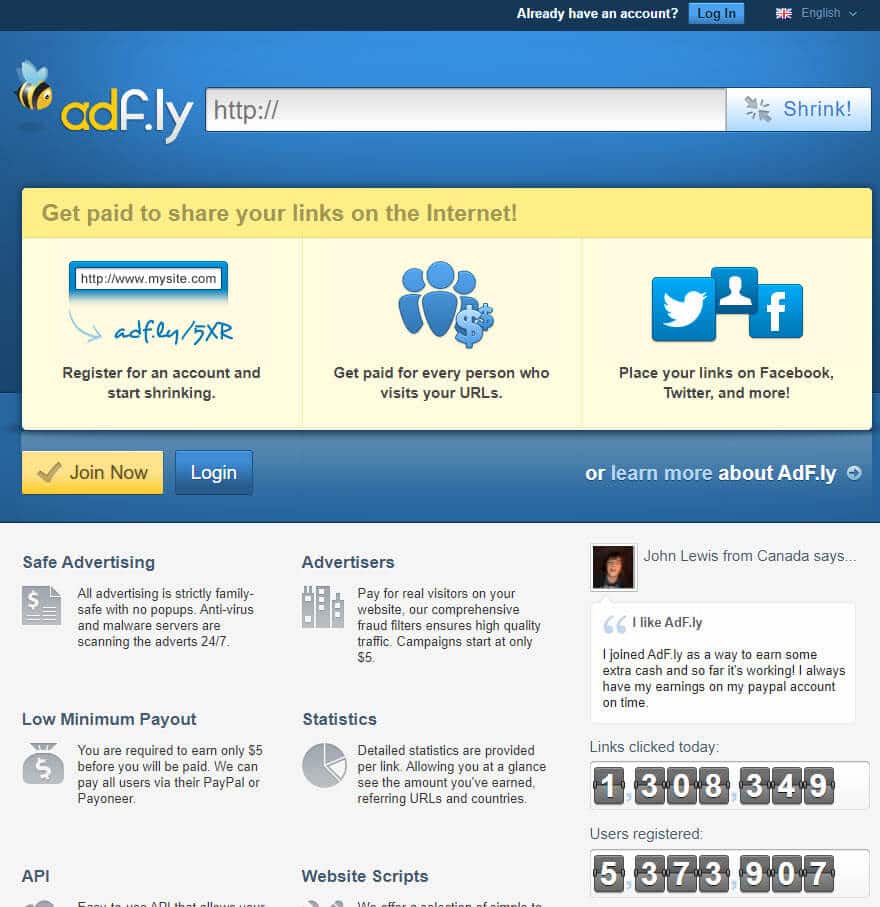 Adf.ly homepage from their website in blue and yellow with the Adf.ly logo