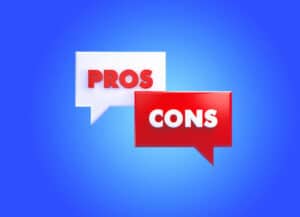 Pros and cons written speech bubble pair over blue background.