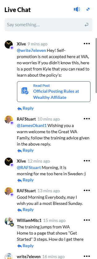 A live chat snippet from Wealthy Affiliate