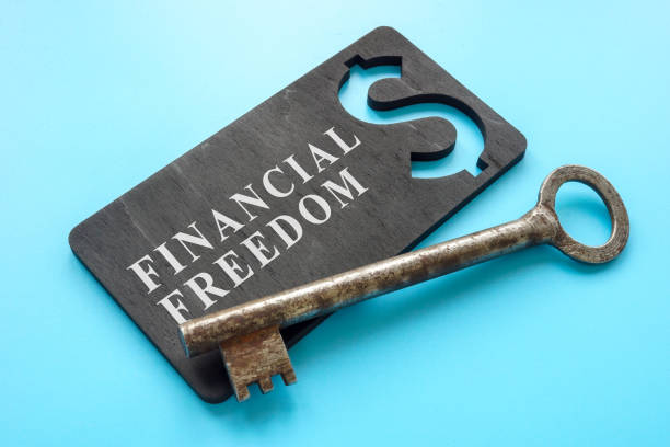 Financial freedom sign and metal key as symbol.