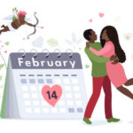 Little African Cupid with bow and arrow hunting lovers. Calendar indicating February 14th. Celebrating Valentine's Day.