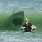 Businessman holding paperwork getting ready to be hit by a big wave and attacked by shark representing drowning in business pressure, deadlines, work stress, overworked, problems and problem solving.